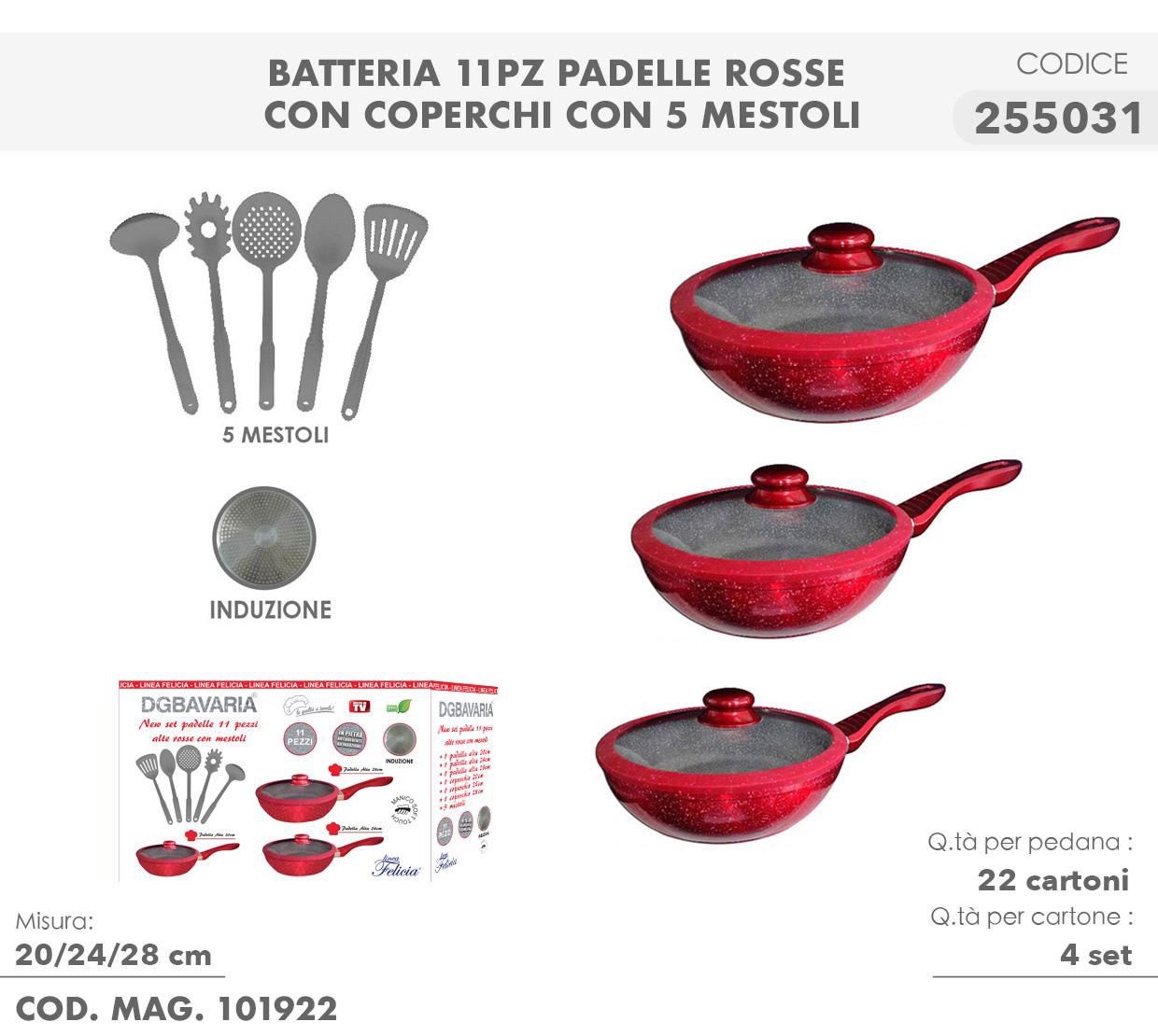 Padelle Rosse a induzione con mestoli in Silicone set da 11 Pezzi