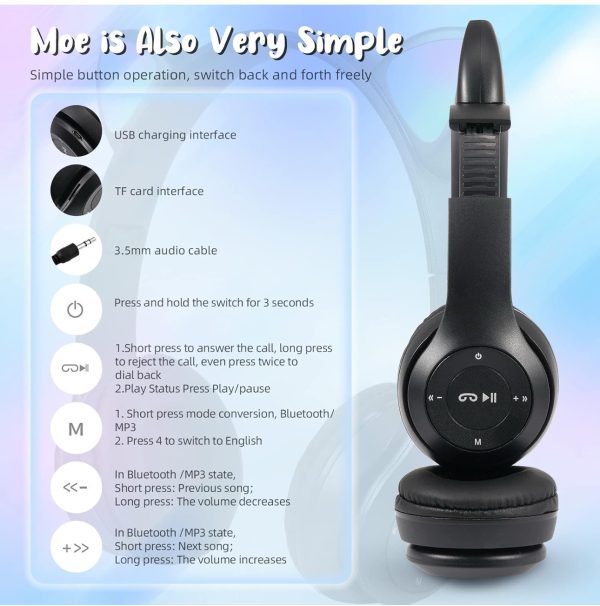 Cuffie Bluetooth, Cuffie Bambini con Led, portatili pieghevole da viaggio