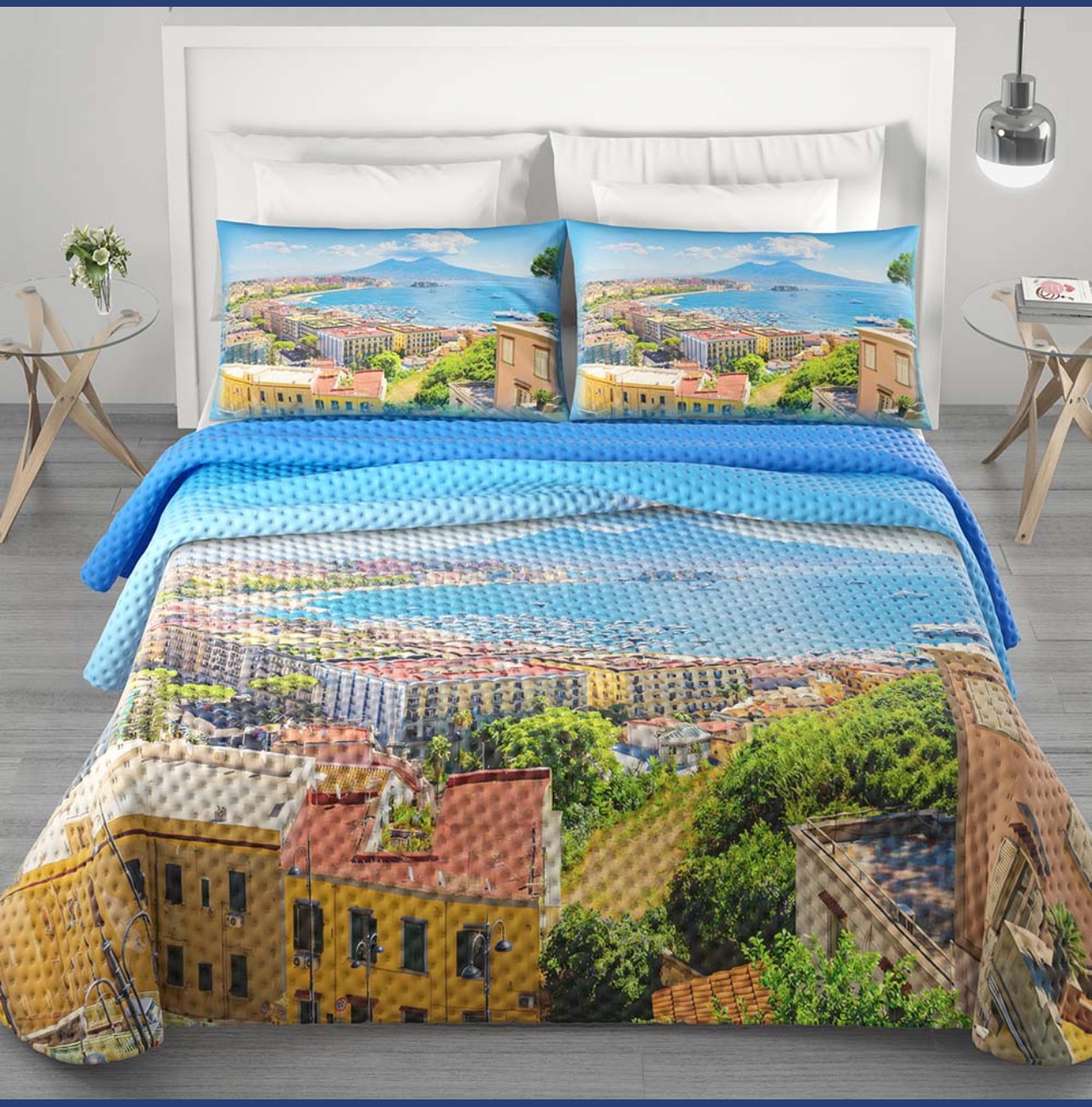 Copriletto NAPOLI , Copriletto Matrimoniale sfondo Vesuvio