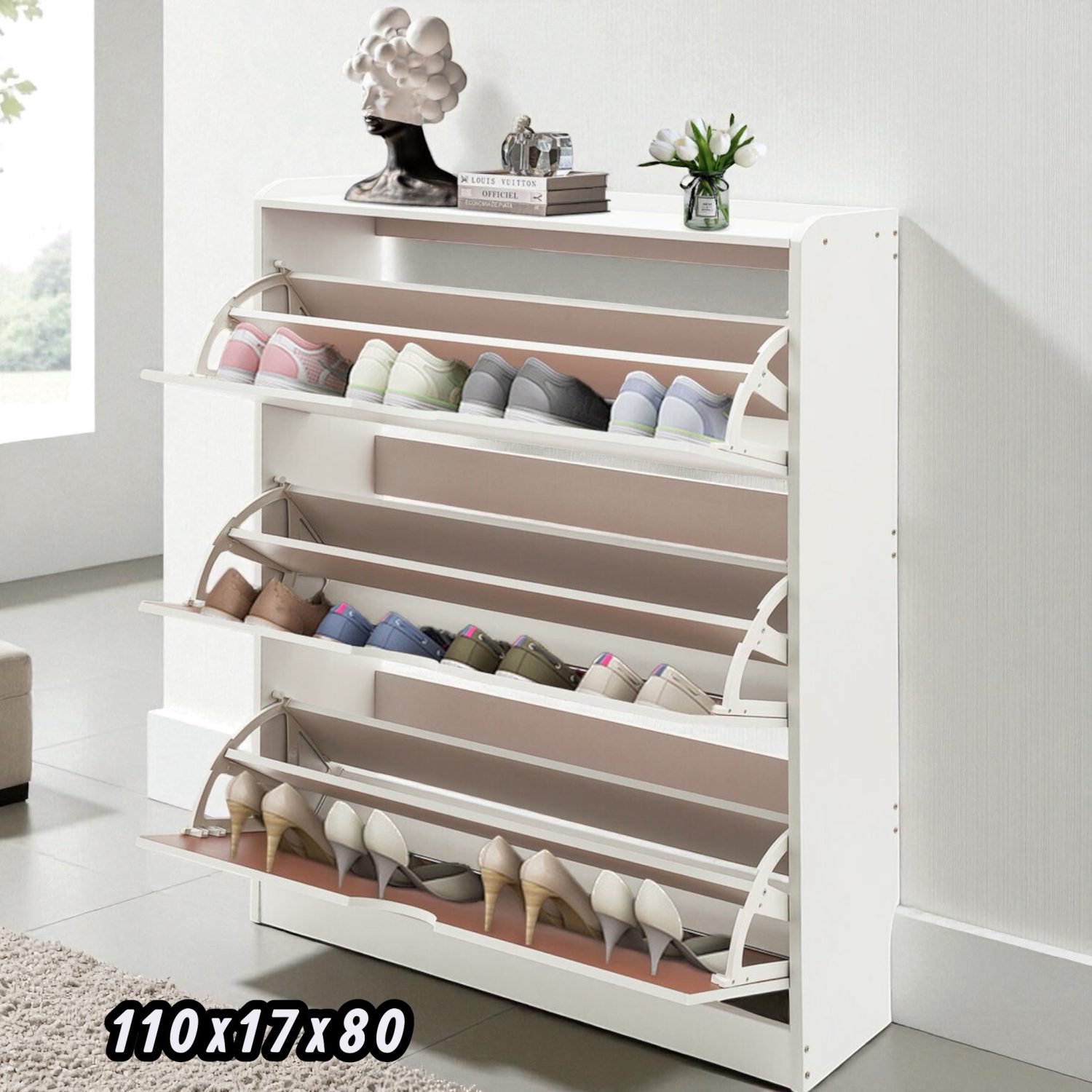 Scarpiera Ultrasottile - Slim , Poggiascarpe con 3 Cassetti Ribaltabili 110x17x80