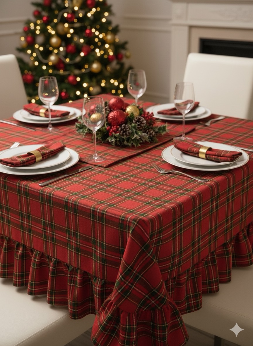 Tovaglia Natalizia Scozzese in Cotone con Volant 12 Posti