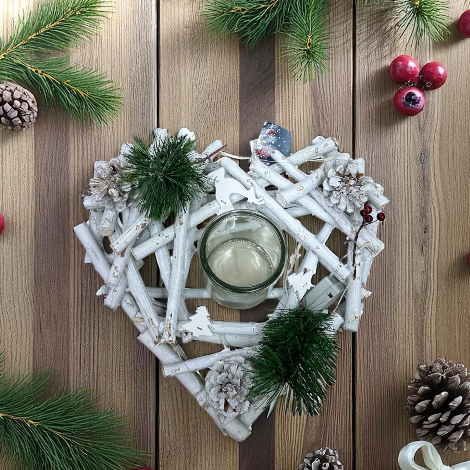 Centrotavola Natalizio con Portacandela in Legno Bianco mod. Cuore