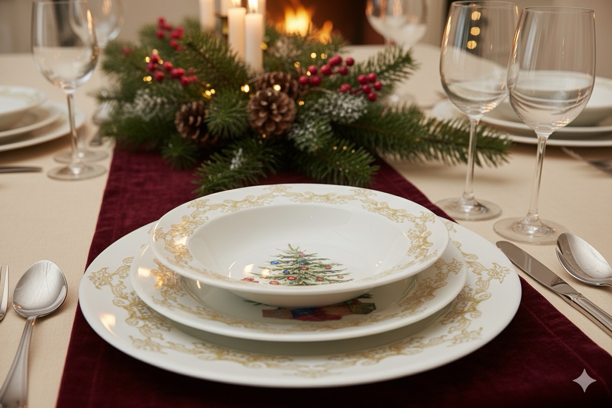 Servizio Piatti Natalizio Albero di Natale Bordo Oro 18 Pezzi - NATALUNA