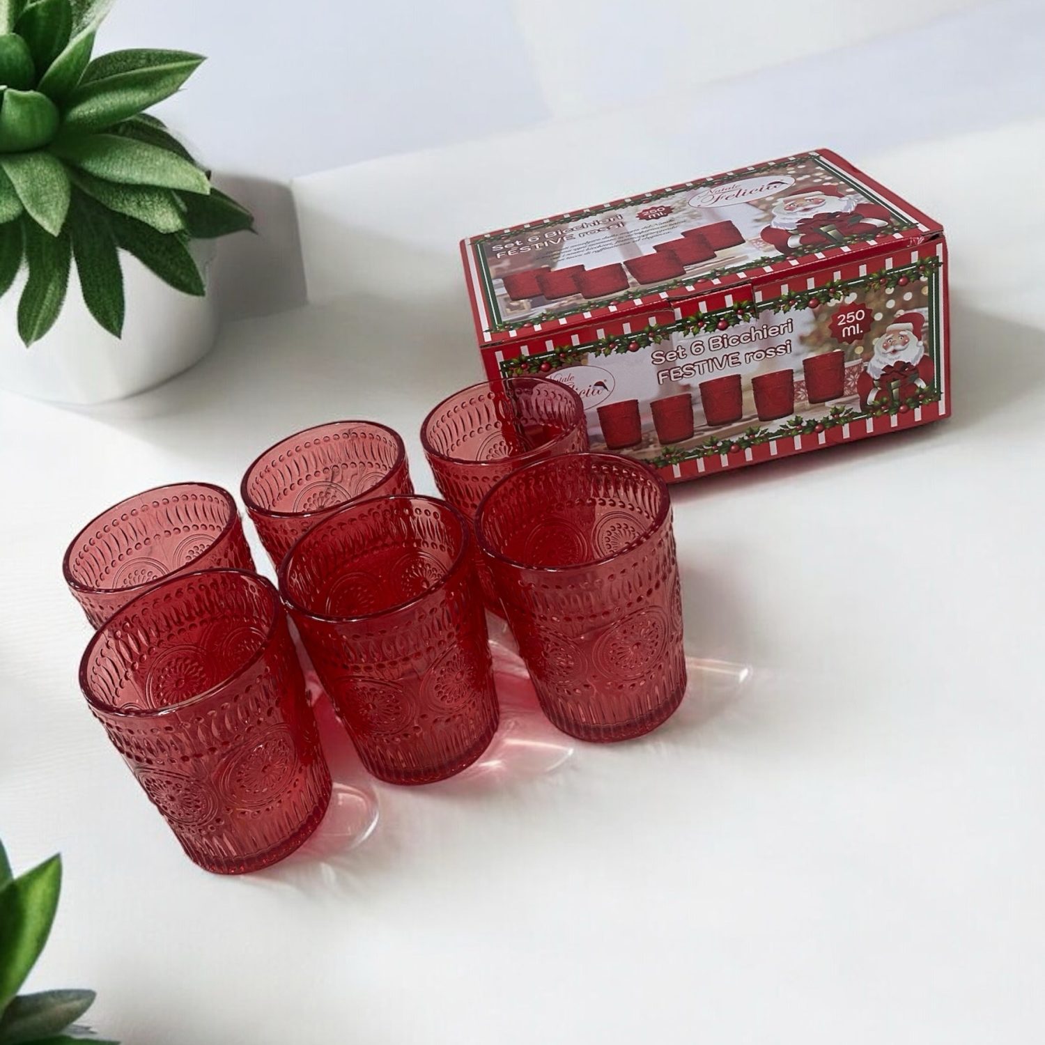 Set Bicchieri Rossi, 6 Bicchieri Natalizi mod. Trama