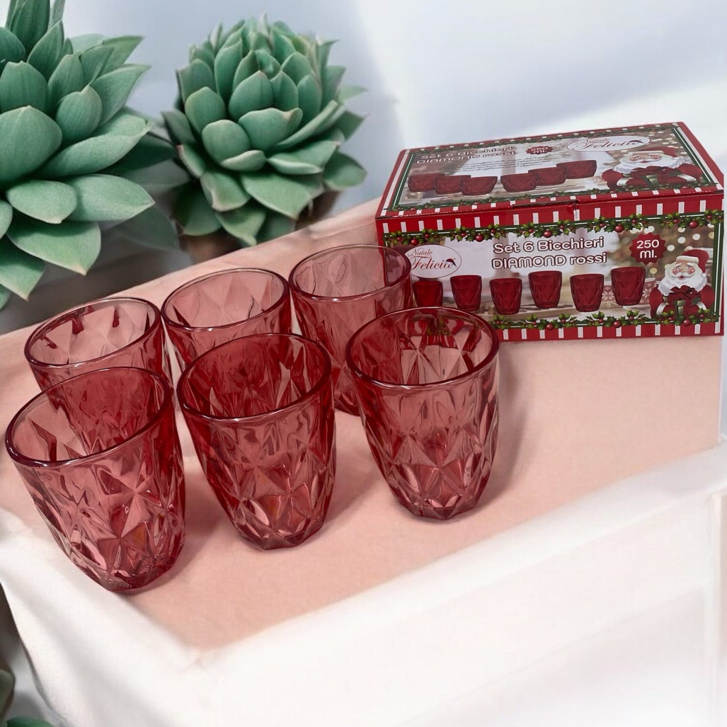 Set Bicchieri Rossi, 6 Bicchieri Natalizi mod. Diamond