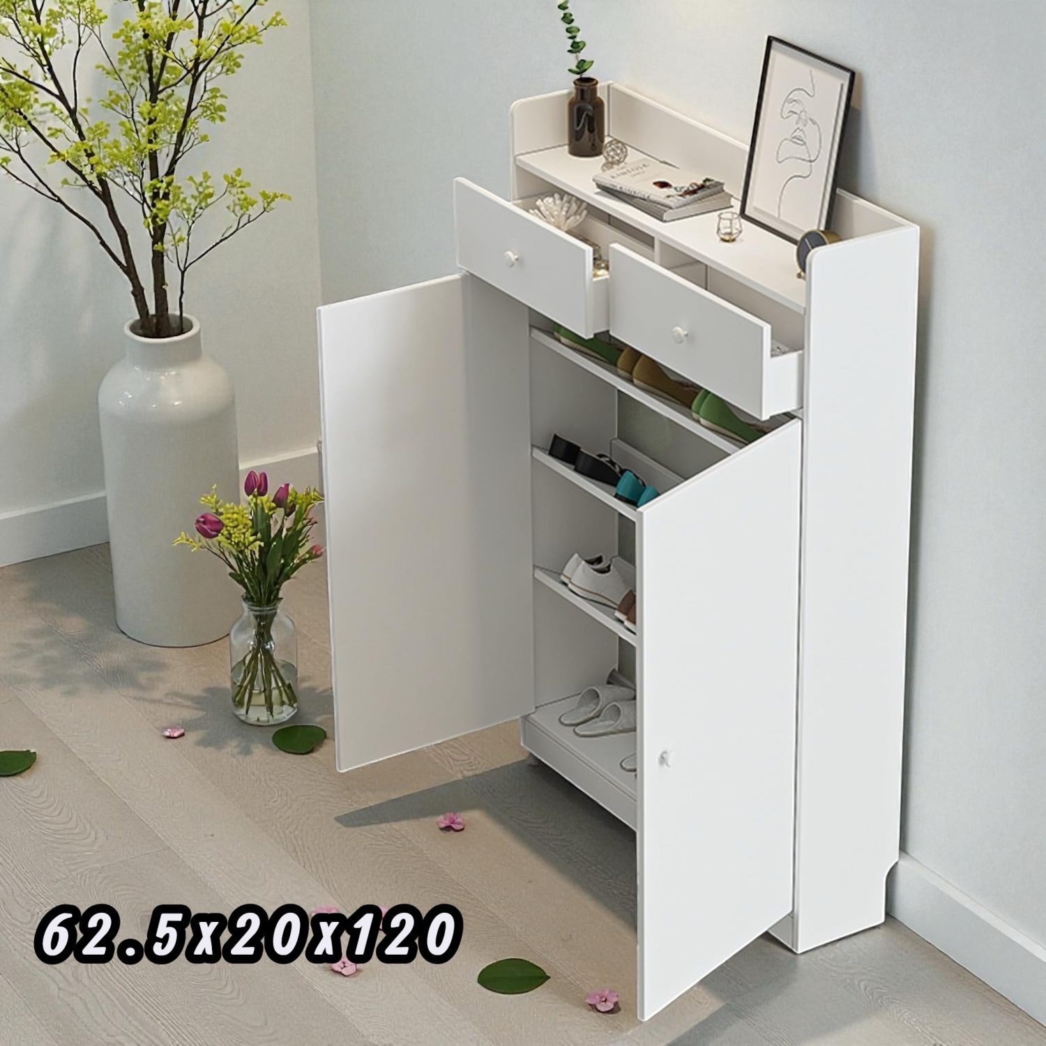 Scarpiera con 2 Ante e Cassettini 62.5x20x120